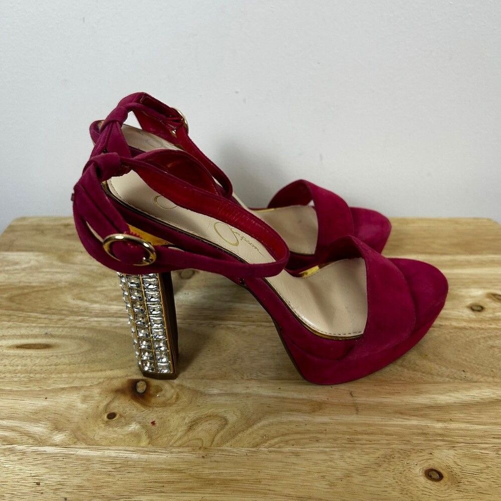 Jessica Simpson Womens 8.5 M Pink Suede Rhinestone Block Heel Platform Sandals